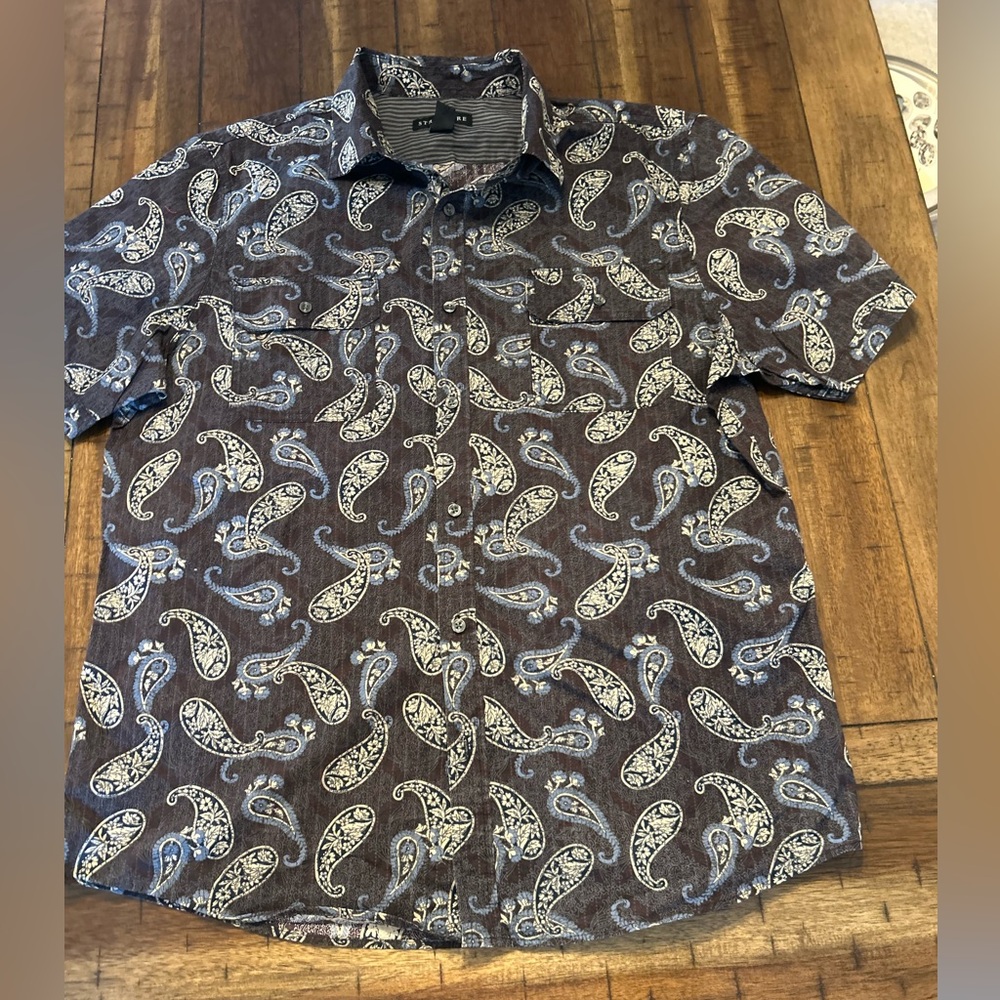 Structure Mens XL Paisley Button Down Shirt Brown Blue Short Sleeve 100% Cotton